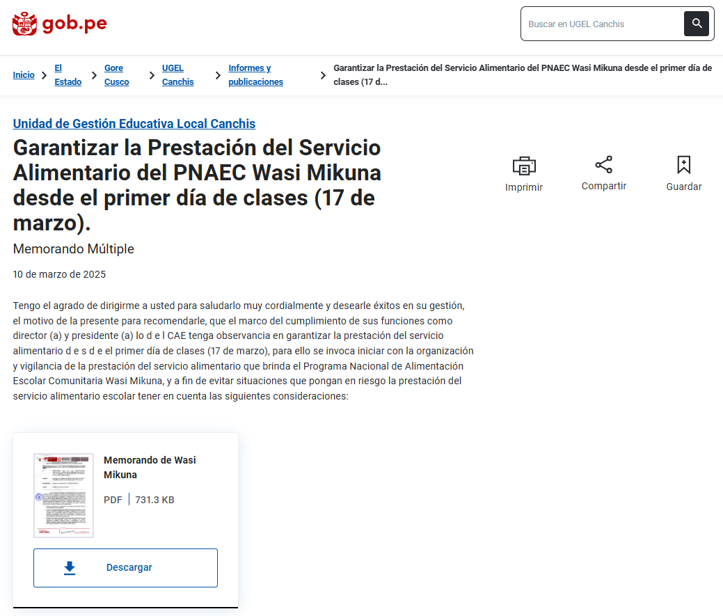 Garantizar la Prestación del Servicio Alimentario del PNAEC Wasi Mikuna desde el primer día de clases (17 de marzo).